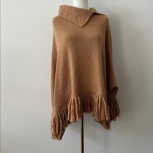 Wool Blend Relaxed Fit Lagenlook Boho Knit Sweater Poncho Camel Tan Fringe OS